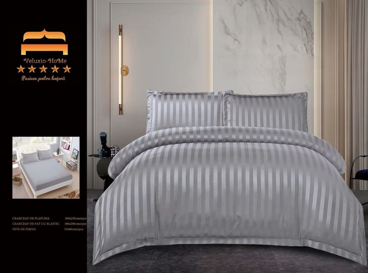 Lenjerie de pat Damasc cu elastic ,4 piese , 180X200